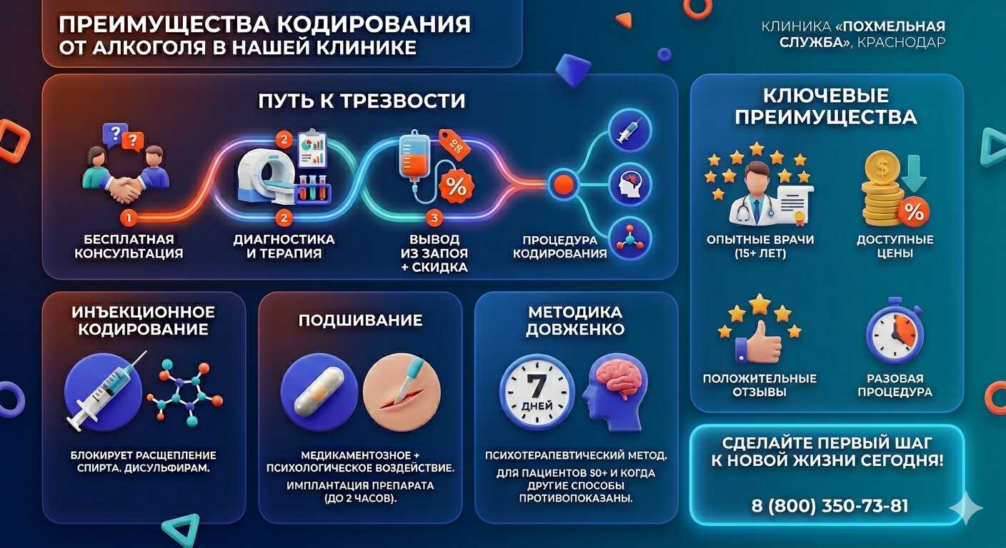 Инфографика о методах кодирования от алкоголя в Екатеринославке: инъекции, подшивание, метод Довженко. Преимущества клиники и этапы лечения.